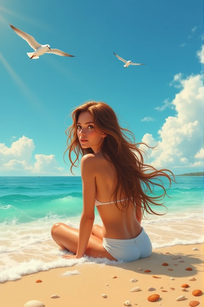 girl applying honey on her hip on the beach