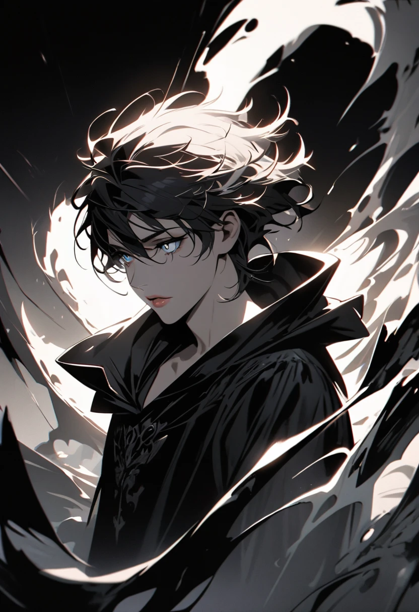 A man with short black hair with smoky gray tips, beautiful and delicate eyes, beautiful and delicate lips, very detailed face, black shirt, black and white background, Hood, dramatic lighting, cinematic, capricious, high contrast, dark fantasy