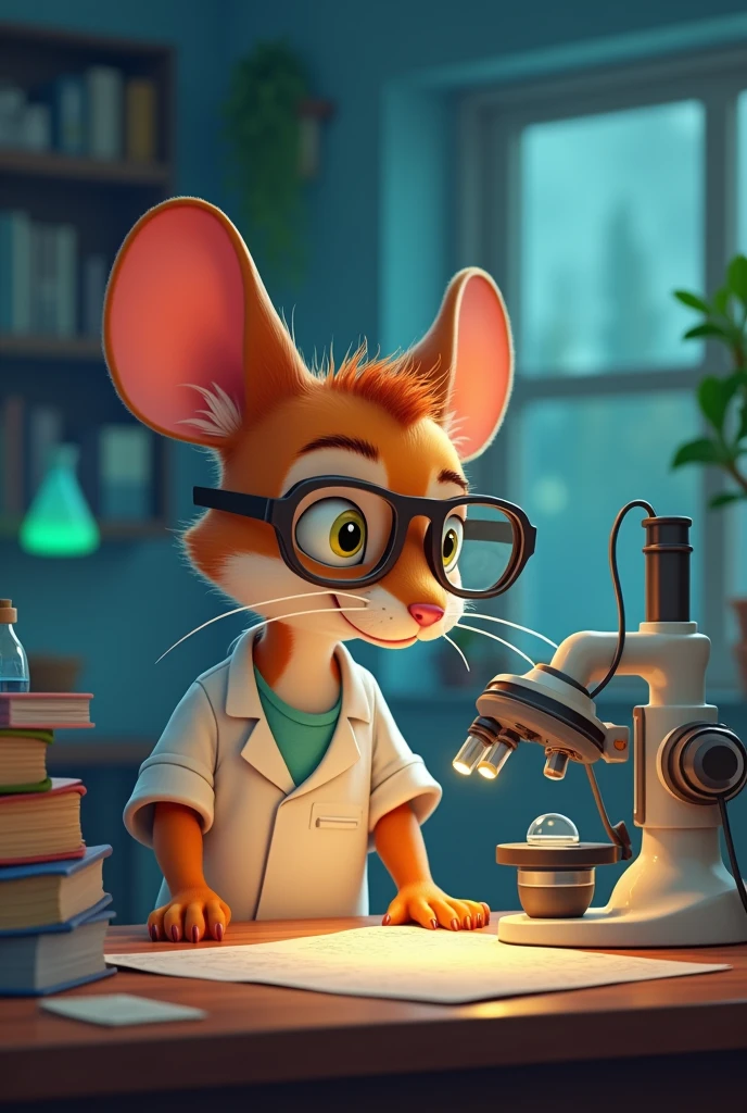 Guaxinim usando um jaleco branco de cientista usando um microscópio