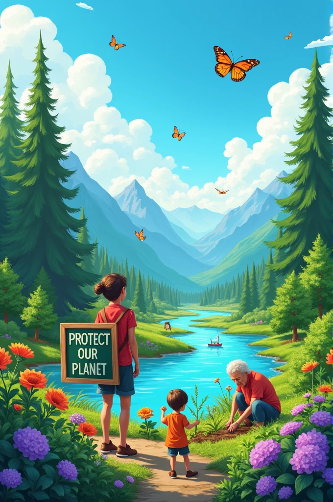 make a poster that illustrating saving the environment (landscape) 