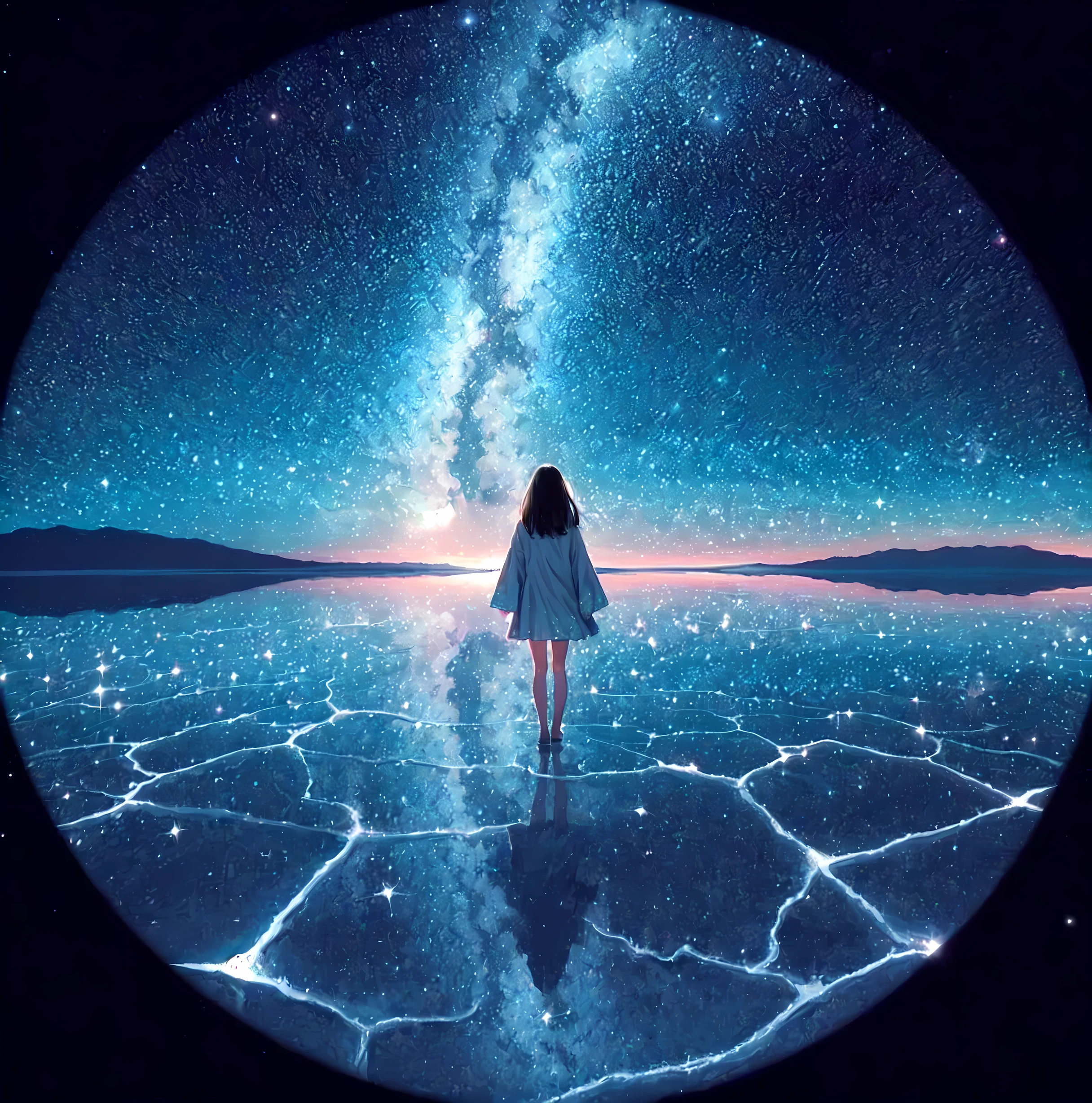 1lady solo, (from behind) (back of head), (calm outfit), (mature female:0.8), /(black hair/), (masterpiece best quality:1.2) delicate illustration ultra-detailed BREAK (Uyuni Salt Flat) outdoors, (starry sky) midnight, lake, (water surface reflecting countless stars), water ripples, soft lighting, (fisheye lens:1.1), detailed background