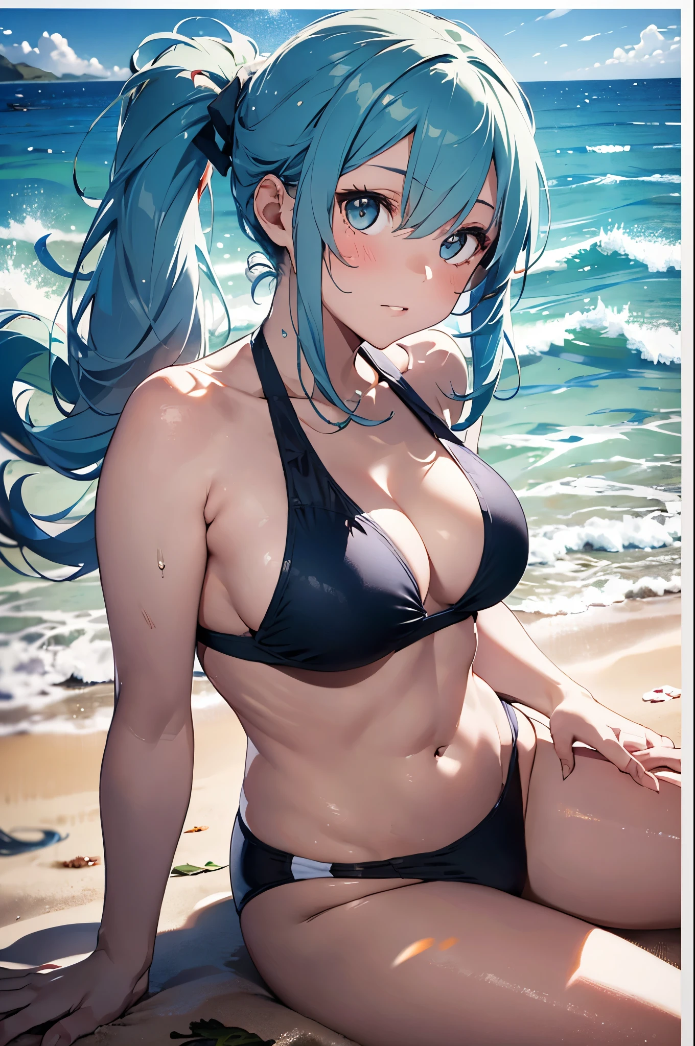 4K,8k,High resolution,
One beautiful young woman,Light blue hair、ponytail、
(Soft Saturation:1.3), (Fair skin:1.2),
(ultra-Detailed Background, Detailed Background), Bokeh,
break'Smiling portrait.,
When viewed from the front, The composition is symmetrical,
Looking straight at you with serious eyes,
break Swimwear, White Bikini, Center of chest,
Outdoor, Sea surface, null, sunlight,Summer beach, Sandy Beach,
Strong light, Front lighting,
(Teen:1.3), (Cowboy Shot:1.2),
Front brake angle,
View your audience,
Dynamic pose,
sitting on the beach
Seaweed、Seaweed、Seaweed、Seaweed、Seaweed、Seaweed、Seaweed、