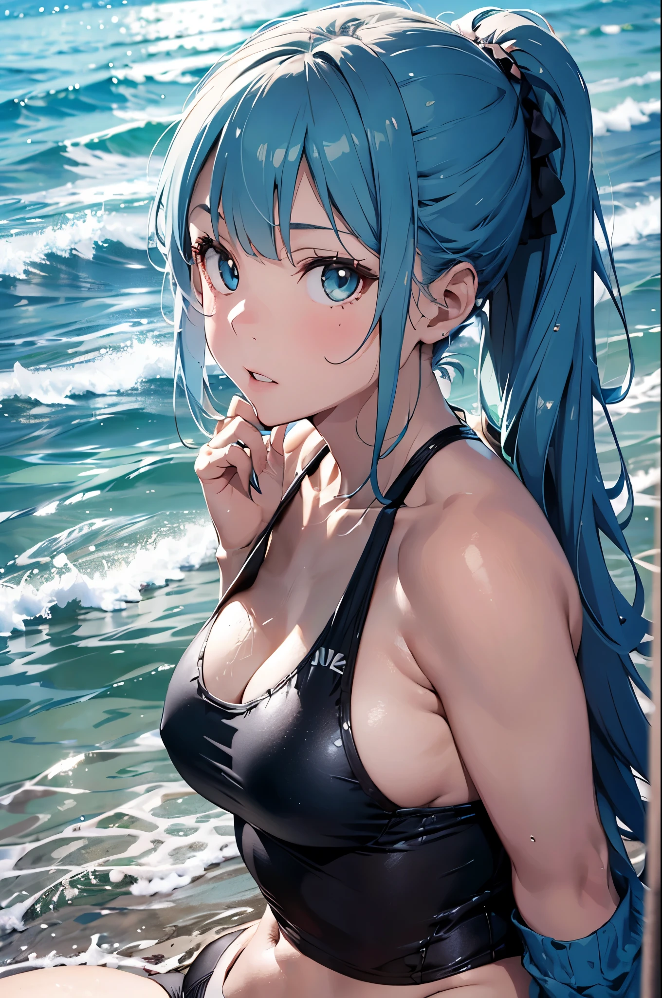 4K,8k,High resolution,
One beautiful young woman,Light blue hair、ponytail、
(Soft Saturation:1.3), (Fair skin:1.2),
(ultra-Detailed Background, Detailed Background), Bokeh,
break'Smiling portrait.,
When viewed from the front, The composition is symmetrical,
Looking straight at you with serious eyes,
break Swimwear, White ??????, Center of ?????, 
Outdoor, Sea surface, null, sunlight,Summer beach, Sandy Beach,
Strong light, Front lighting, 
(Teen:1.3), (Cowboy Shot:1.2),
Front brake angle,
View your audience,
Dynamic pose,
sitting on the beach

Seaweed、Seaweed、Seaweed、Seaweed、Seaweed、Seaweed、Seaweed、