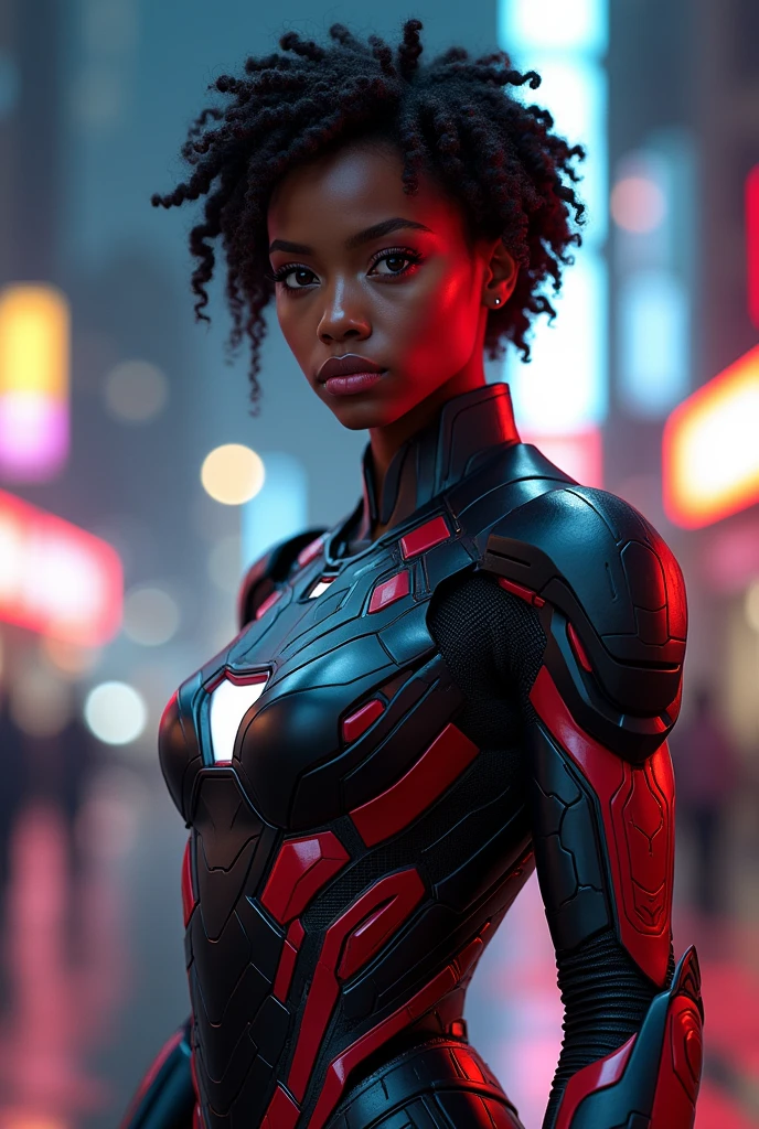 a young black american girl, detailed realistic facial features, short curly black hair, black and red iron man armor, huge breasts, thin waist, sensual dynamic pose, beautiful detailed eyes, beautiful detailed lips, extremely detailed face, long eyelashes, high quality, 8k, ultra-detailed, photorealistic, physically-based rendering, vivid colors, dramatic lighting, cinematic composition, digital art, concept art