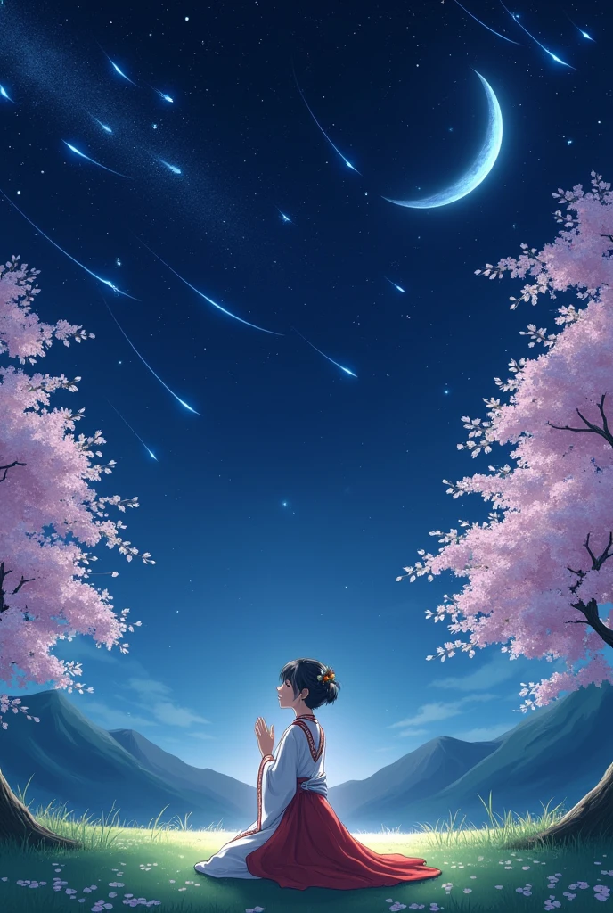 Starry Sky, shooting star, crescent moon, shrine maiden praying up to the heaven, light coming on,