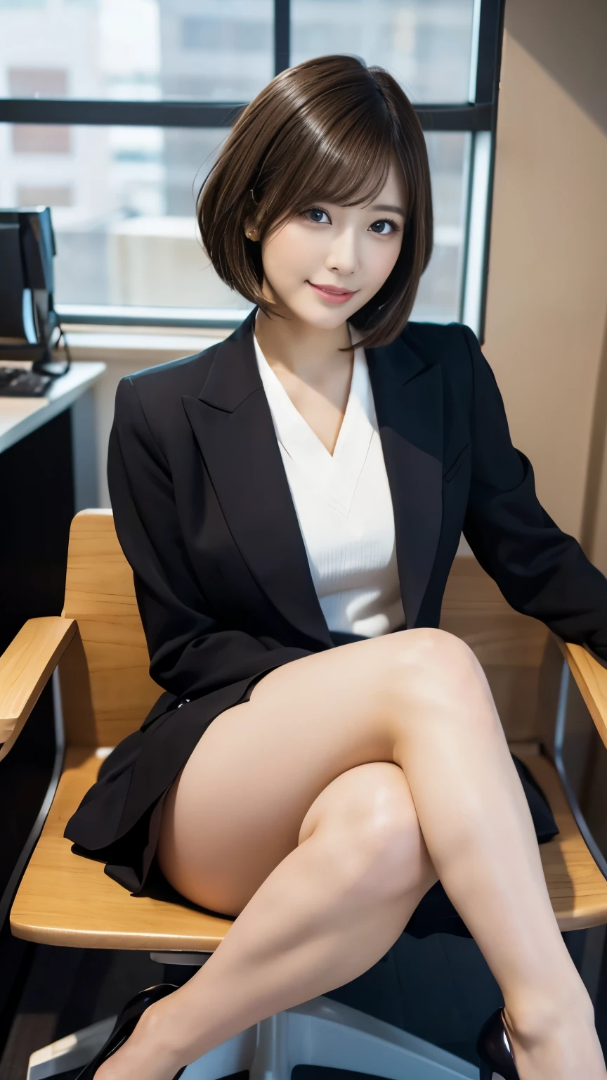 Office, beauty sitting a japanese woman in chair, short hair, beautiful legs, high heels, brown pantyhose, mini skirt suit