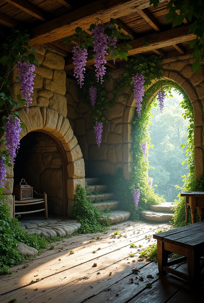 Photo of the interior of a deserted elven cottage's living room. Perspective shot. Wisteria from floor to ceiling. With chimney in the background. Style hobbit