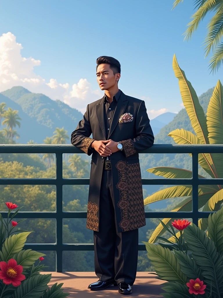 Indonesian man wearing a black kanti suit