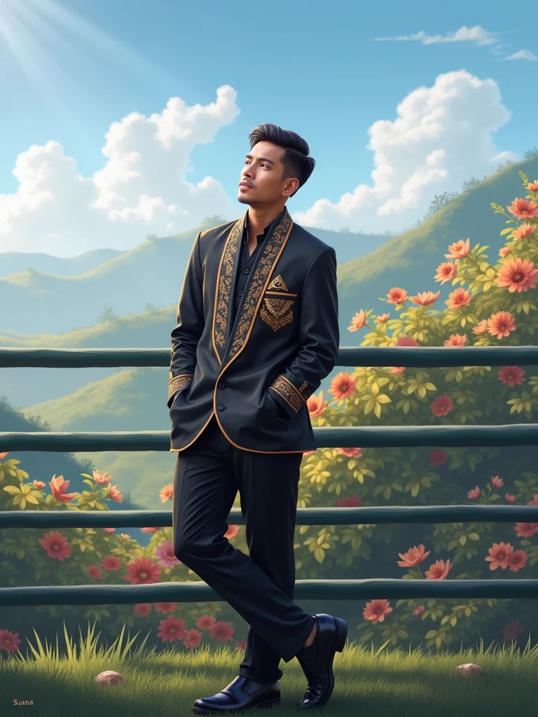 Indonesian man wearing a black kanti suit