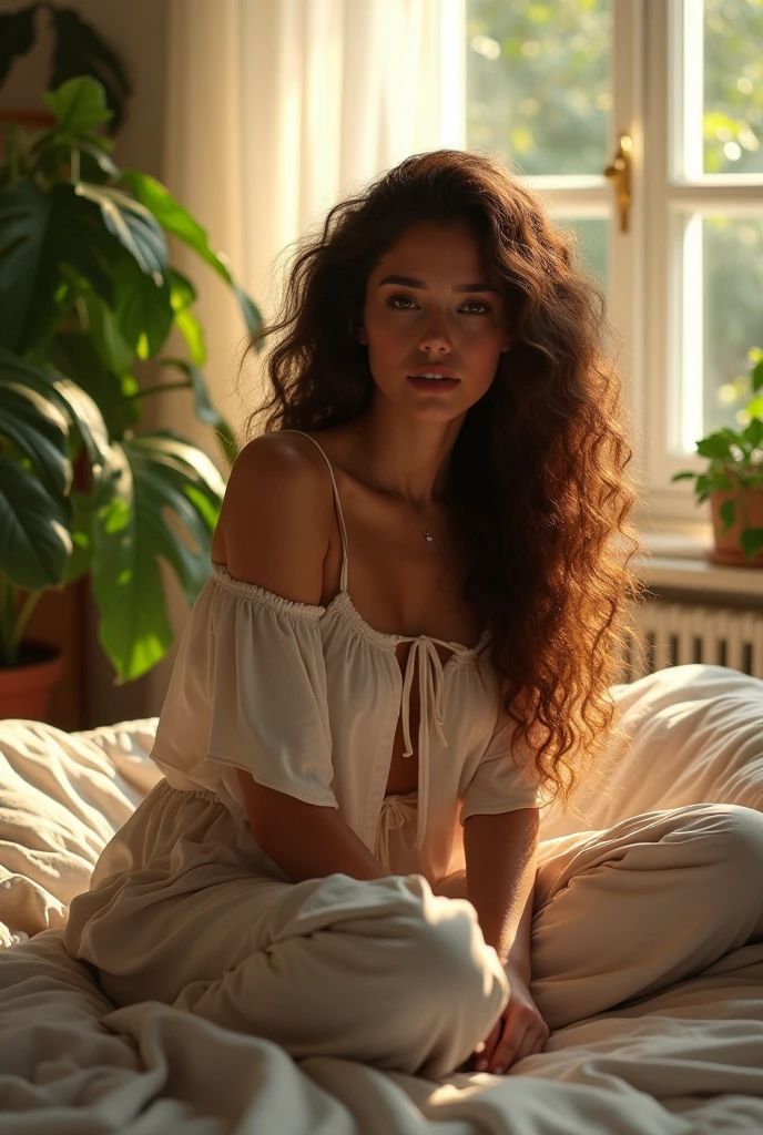 (photorealism:1.2), beautiful woman, sitting on bed, wearing loose off-shoulder top, pajama pants, long curly hair, indoors, soft lighting, plants in background, window with sunlight, cozy room, relaxed pose, realistic, intricate details, warm colors, by Greg Rutkowski, by Alphonse Mucha