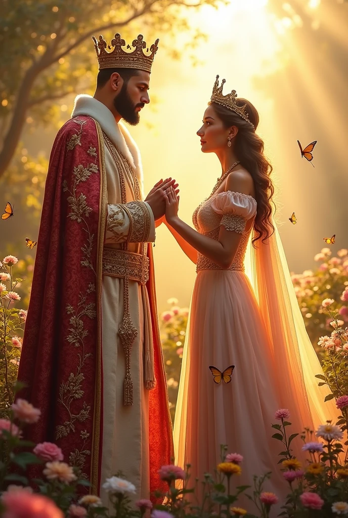 King hold hands of queen with alphabet 
letter (R) and queen hold hands of king with alphabet letter (N) ,Sunshine background. 