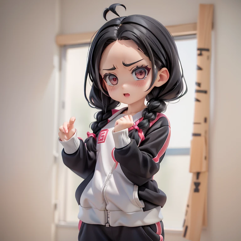 Girl、Primary school students、small、Angry、Screaming、sharp、Black Hair,、Pigtails、Braid、The forehead is visible、Forehead、Jersey、Tracksuits、Clothing patterns、Clothing Design、The front is open、whole body、
