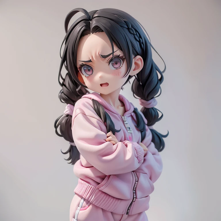 Girl、Primary school students、small、Angry、Screaming、sharp、Black Hair,、Pigtails、Braid、The forehead is visible、Forehead、Jersey、Tracksuits、Clothing patterns、Clothing Design、The front is open、whole body、
