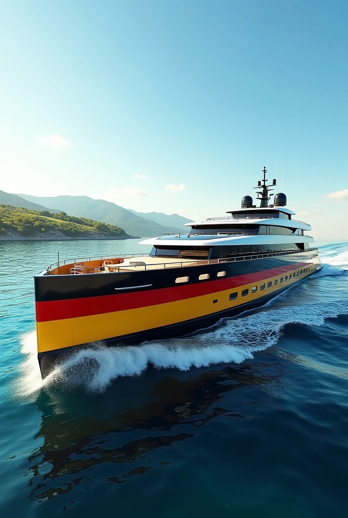 The country of Germany as a modern motoryacht, colors of the flag (yellow, red, black), large yacht, on water, ultra-realistic