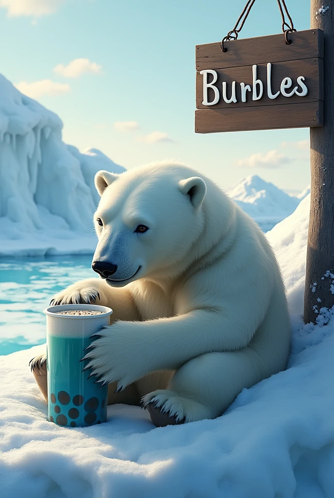 Create me an image of a polar bear drinking a boba tea with a sign that says burbles, less animated, more realistic, and the boba in blue