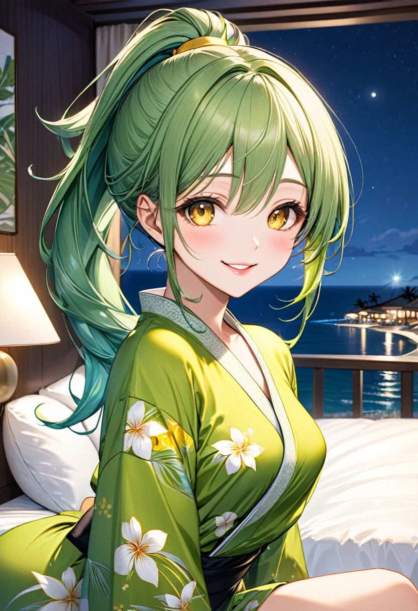 (Tropical hotel style), (relax pose), (solo:2, 15 yo), (beautiful detailed ponytail green hair long hair) (best beauty girl) (beautiful sexy yellow eyes) (cute smile) (glossy lip, love smile), (medium tits), in a cute green kimono, break, in the Resort hotels in bedroom, background beautiful ocean and night ski, BREAK, 16K, masterpiece, best quality.