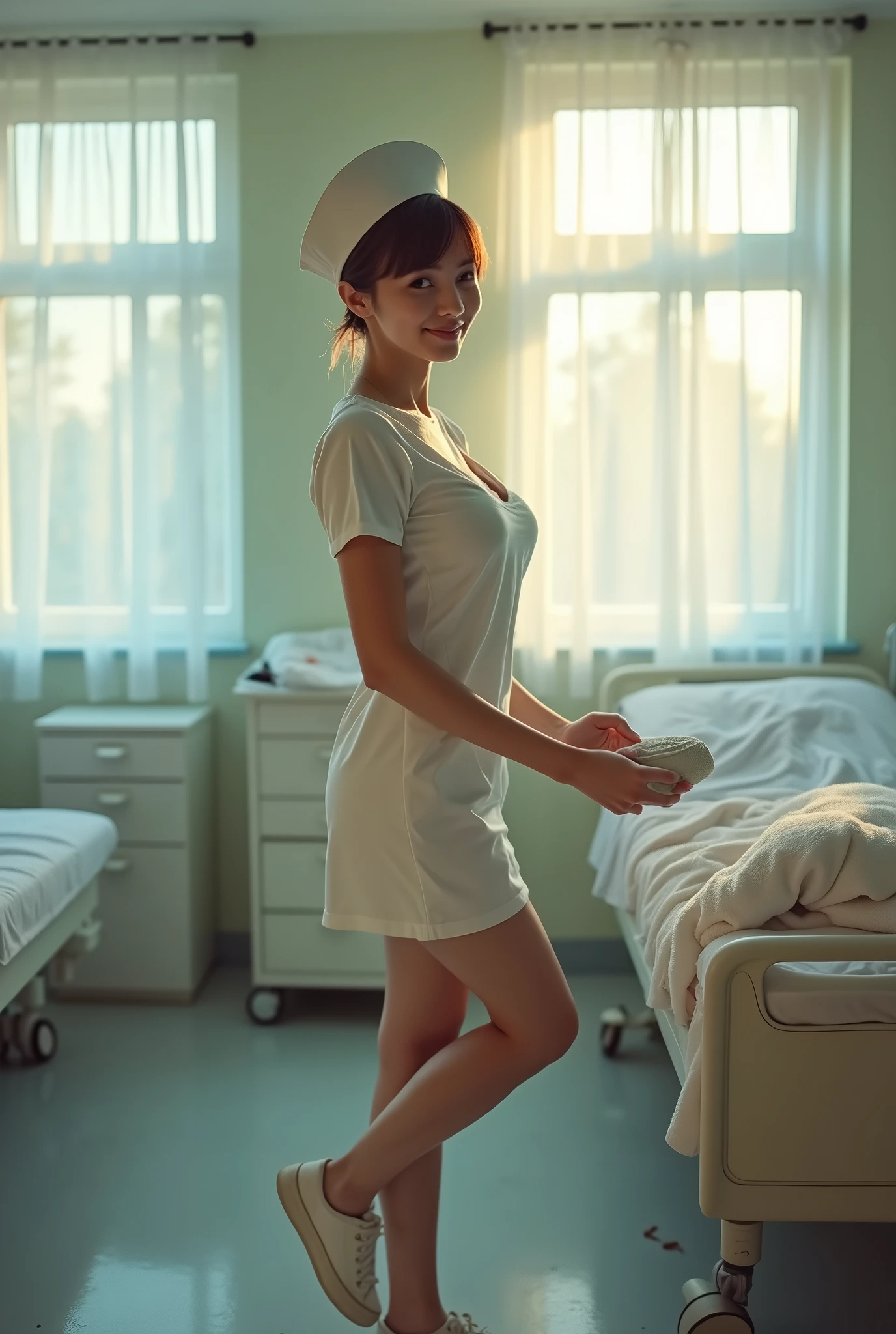 sexy nurse,  nurse uniform, PREPARING A SPONGE BATH, sexy pose, white pantyhose white sneakers, short hair, nurse cap, large window, white curtains, wind coming through the window, evening light, medical equipment in the room, PROVOCATIVE SMILE