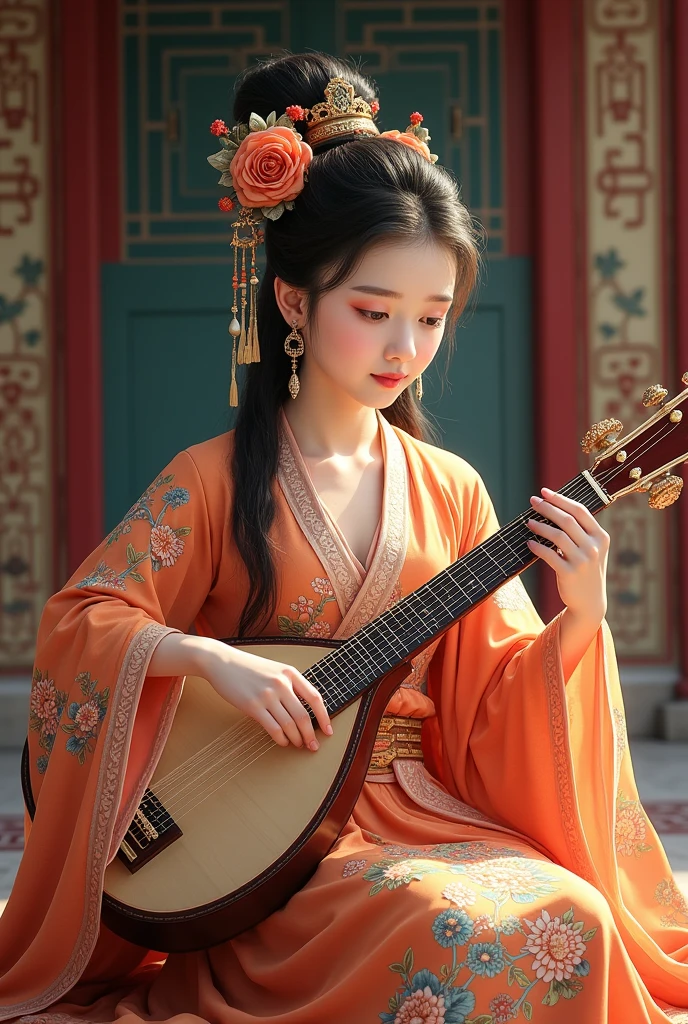 一个美丽可爱的中国女孩穿着古代服饰,坐在宫殿里,手弹着古箏。她五官精致,妆容精致,身着花卉图案的传统服饰。背景融入古典建筑元素,营造氛围。这种插图风格展示了复杂的细节和鲜艳的色彩。 --ar 3:4