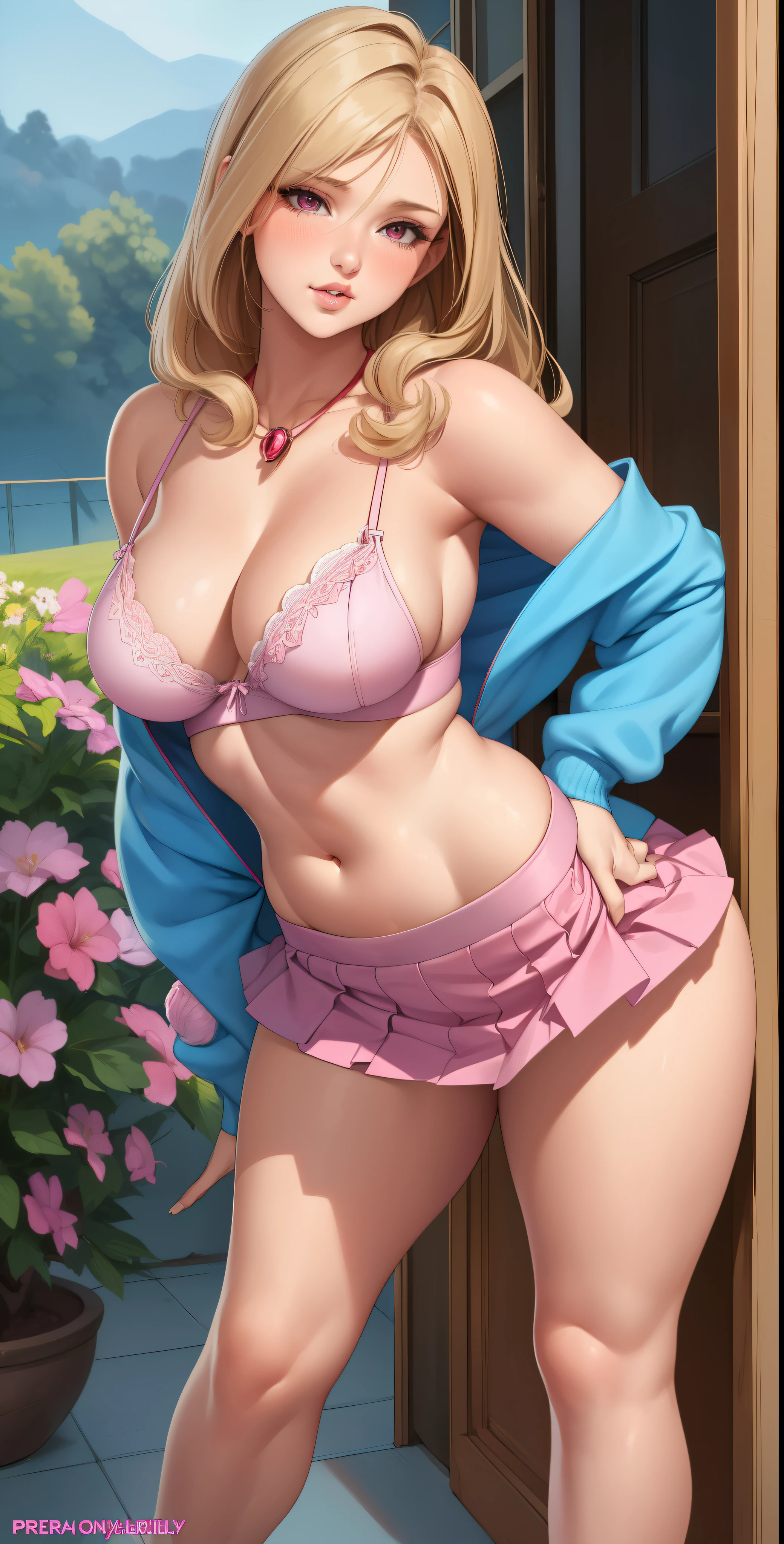 (work of art), (portraite), medium breasts (aesthetics), ((1 25 year old girl)), ((long  curly hair)), ((brown punk hair, long fluffy hair)), Wavy hair , Thin, open eyes, pink eyes, cute, Female One, Woman, Female One characteristics, high qualiy, roupas aestheticss, professional angle, (rule of thirds), Female One characteristics, standing alone, (attractive Korean Woman), spring time, (ink mist ), (natta), (vibrant light), seducer posture, ((guy looking forward))), thin strap blouse, Hip Long Off Shoulder Hip Hop Top Pleated Short Skirt ((energy)), (bold makeup), ( medium breasts), skin tanned, (Hip hop clothing details), (Top cut with *in* neckleace), (Beautiful neckleace), Body cute, gorgeous eyes, glare eyes, parted lips, beautiful mouth, beautiful lips, seducer pose and confident (best qualityer, ultra detali, photorrealistic: 1.39 ), bright and vibrant colors, studio lighting, romantic expression, seducer,