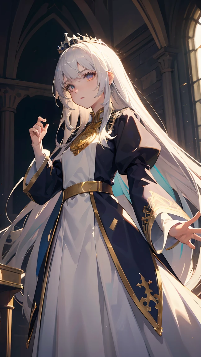 (tiara), shiny hair, hair over one eye, Gothic art, ray tracing, super detail, textured skin, masterpiece, accurate, high details, best quality, award winning, highres, A white-haired high priestess, pope, a young and dignified girl, Standing at the altar, looking down on the faithful