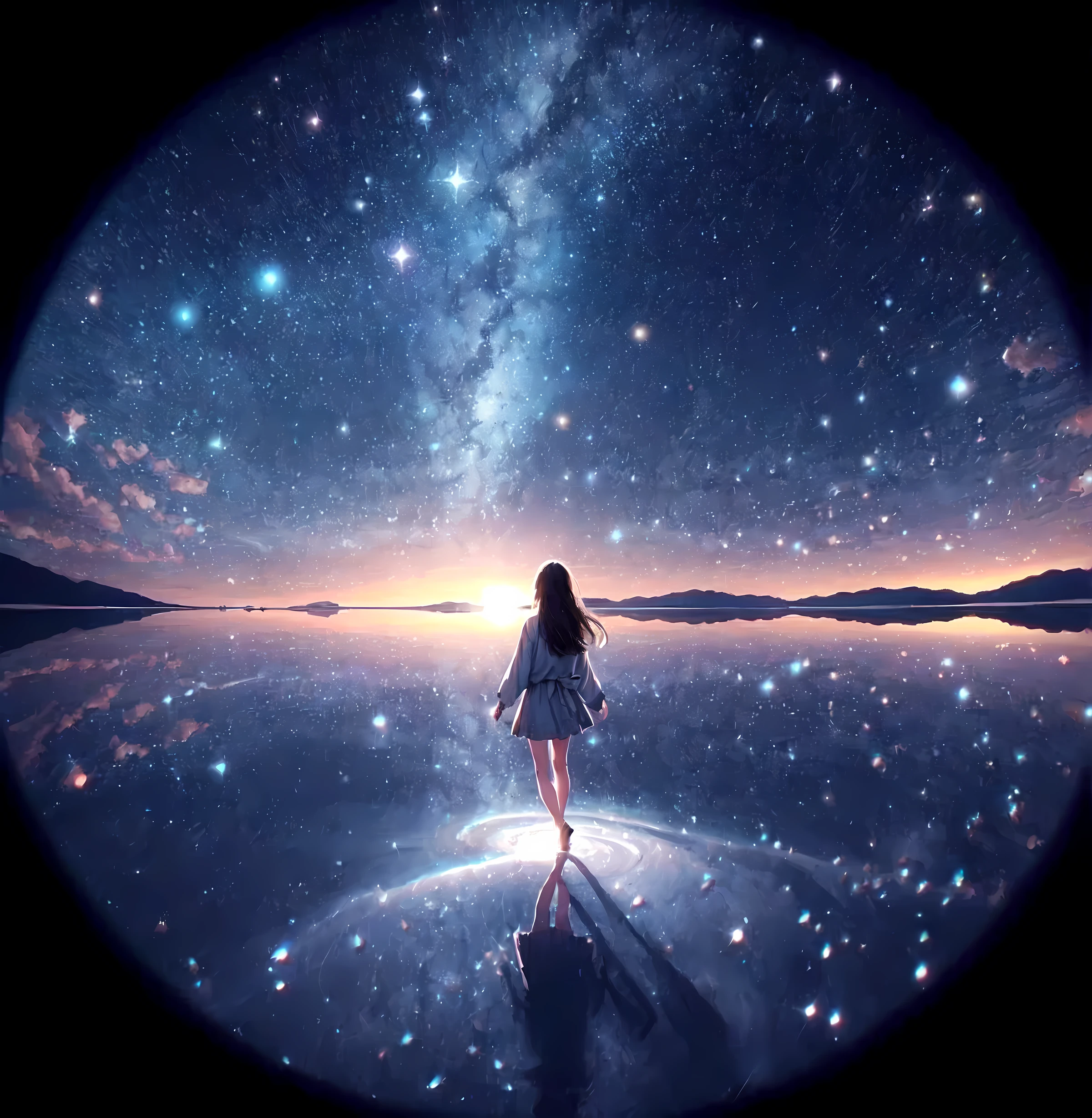 1lady solo, (from behind) (back of head), (calm outfit), (mature female:0.8), /(black hair/), (masterpiece best quality:1.2) delicate illustration ultra-detailed BREAK (Uyuni Salt Flat) outdoors, (starry sky) midnight, lake, (water surface reflecting countless stars), water ripples, soft lighting, (fisheye lens:1.1), detailed background