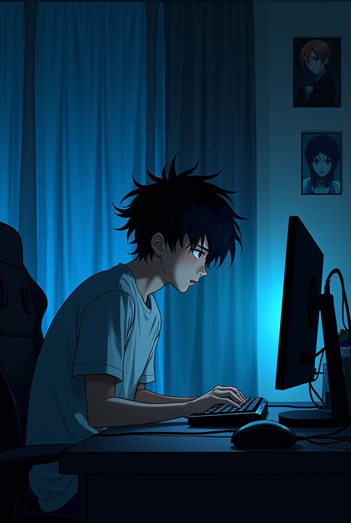 A nineteen year old anime boy with very very very thick black hair that slightly covers his face. He plays on the computer in his dark room with the curtains closed. he's tall and a little muscular