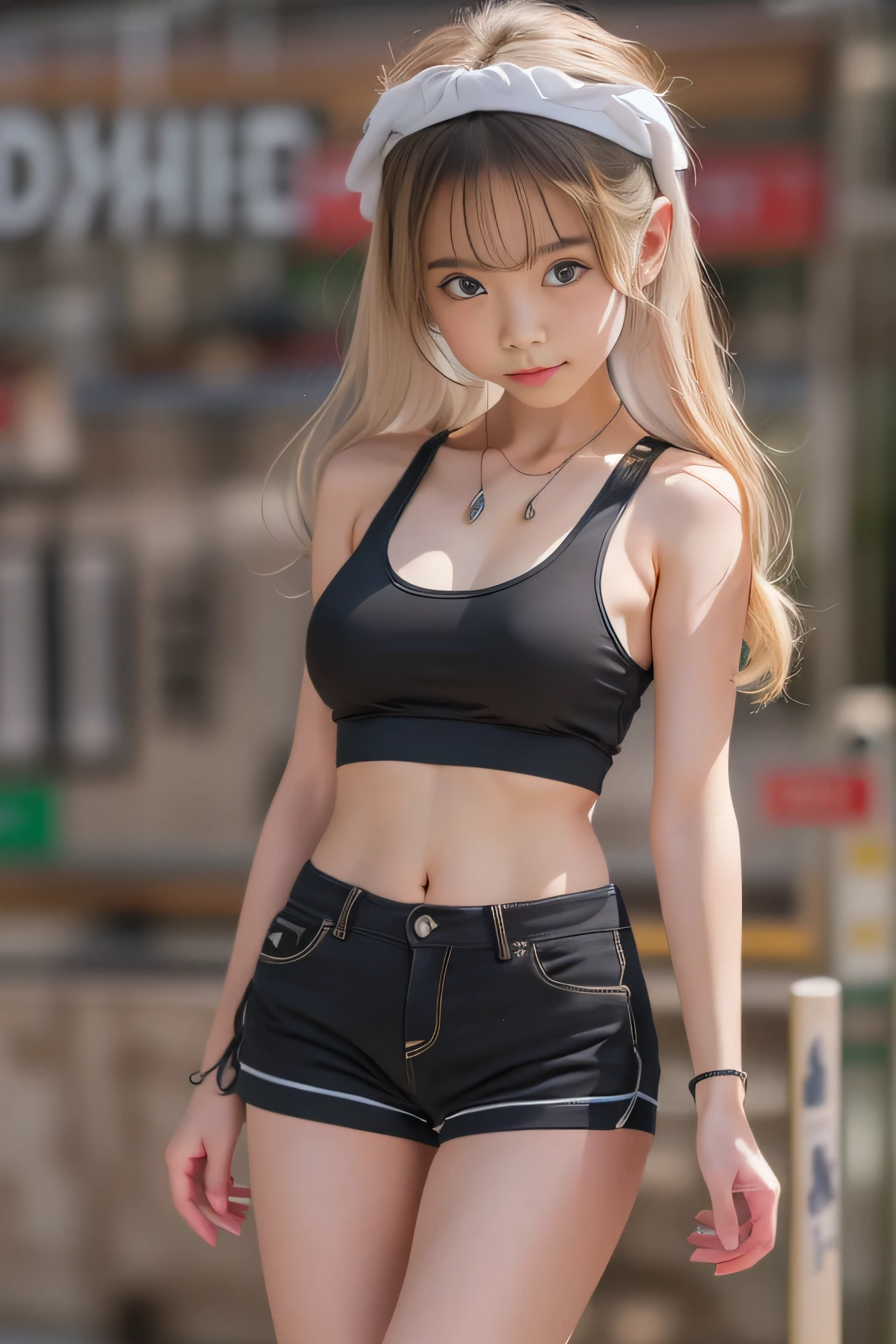 Ultra-high resolution, (Realistic: 1.4), RAW Photos, Highest quality, (Photorealisticistic), concentrated, Soft Light, (()), ((Japanese)), (front, Young Face))), (Depth of written boundary), (Cropped tank top), masterpiece, (Photorealistic), woman, bangs, (( Headband Top, Low-rise shorts, I can see my belly button, Medium bust, 1 girl)), Exposed Skin, Slender figure, Shibuya Station,