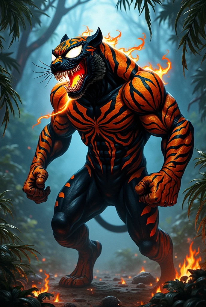 Draw a super fusion of Venom and a tiger。Emphasis on Venom、Flame from the mouth