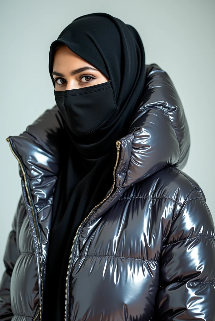 close up beautiful 30 year old hot girl.
She wears a very shiny plastic hijab on her head.
with a very shiny black plastic mask on his face.
wearing a long shiny plastic puffer jacket.
she wears a long traditional Arabic Caftan dress made of very shiny plastic.