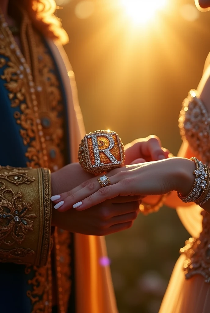 King hold hands of queen with ring fill of alphabet
letter (R) and queen hold hands of king with ring fill of alphabet letter (N) ,Sunshine background.