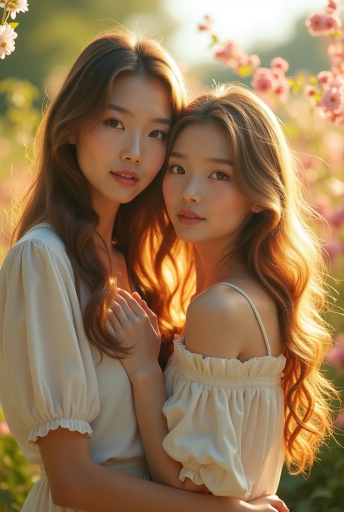 Hwang Hyunjin and pretty girl with light brown,golden hair,thin almond dark eyes,plump lips,straight nose,light skin,not so thin but not so wide eyebrows,little cheeks,pretty,hot.