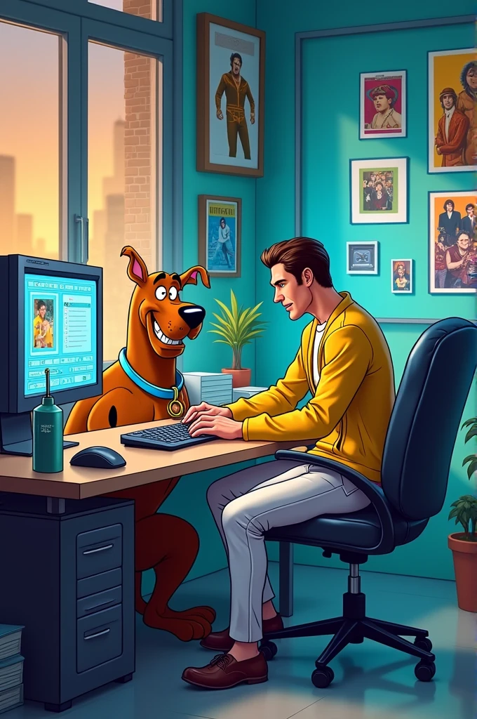 draw Scooby the dog and Freddie Mercury working in the technology office