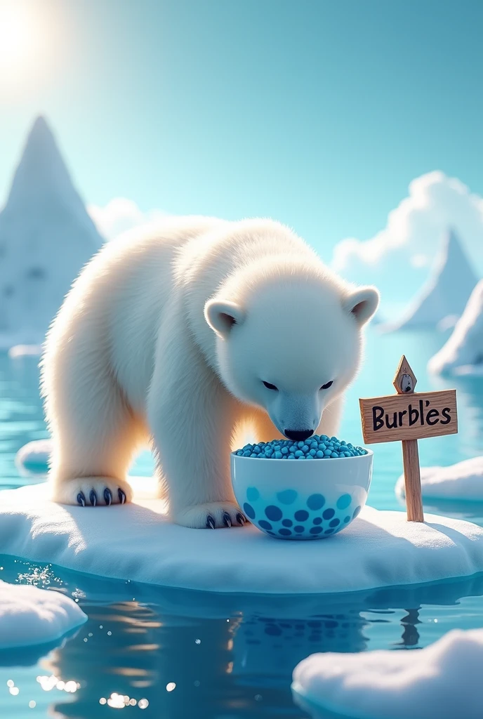 Create me an image of a polar bear drinking a boba tea with a sign that says burbles, less animated, more realistic, and the blue boba that is drinking it