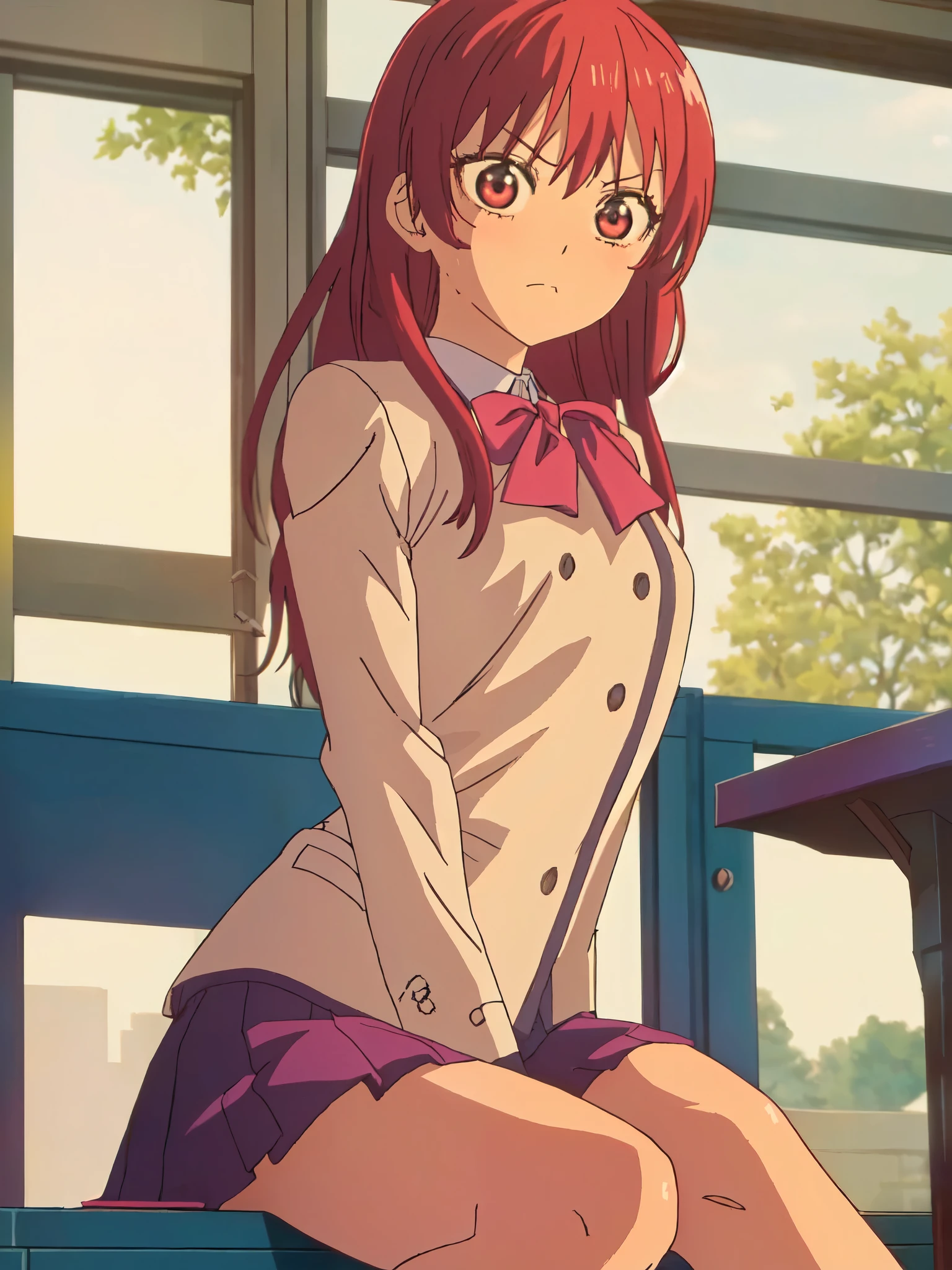 ((((masterpiece、Highest quality、High resolution)、anime:1.2)))、Pink hair、Beautiful with a small chest、(Dynamic pose)、looking at the camera、(Beautiful detailed face、Beautiful big eyes)、((One beautiful person))、Good sensitivity、((Sexy pose))、((Embarrassed face))、Red cheeks、Spread your legs、Wear a blazer uniform、Wear a short navy blue skirt、sitting at a desk in a bright school classroom in the morning、Arms folded behind back、Angle from below