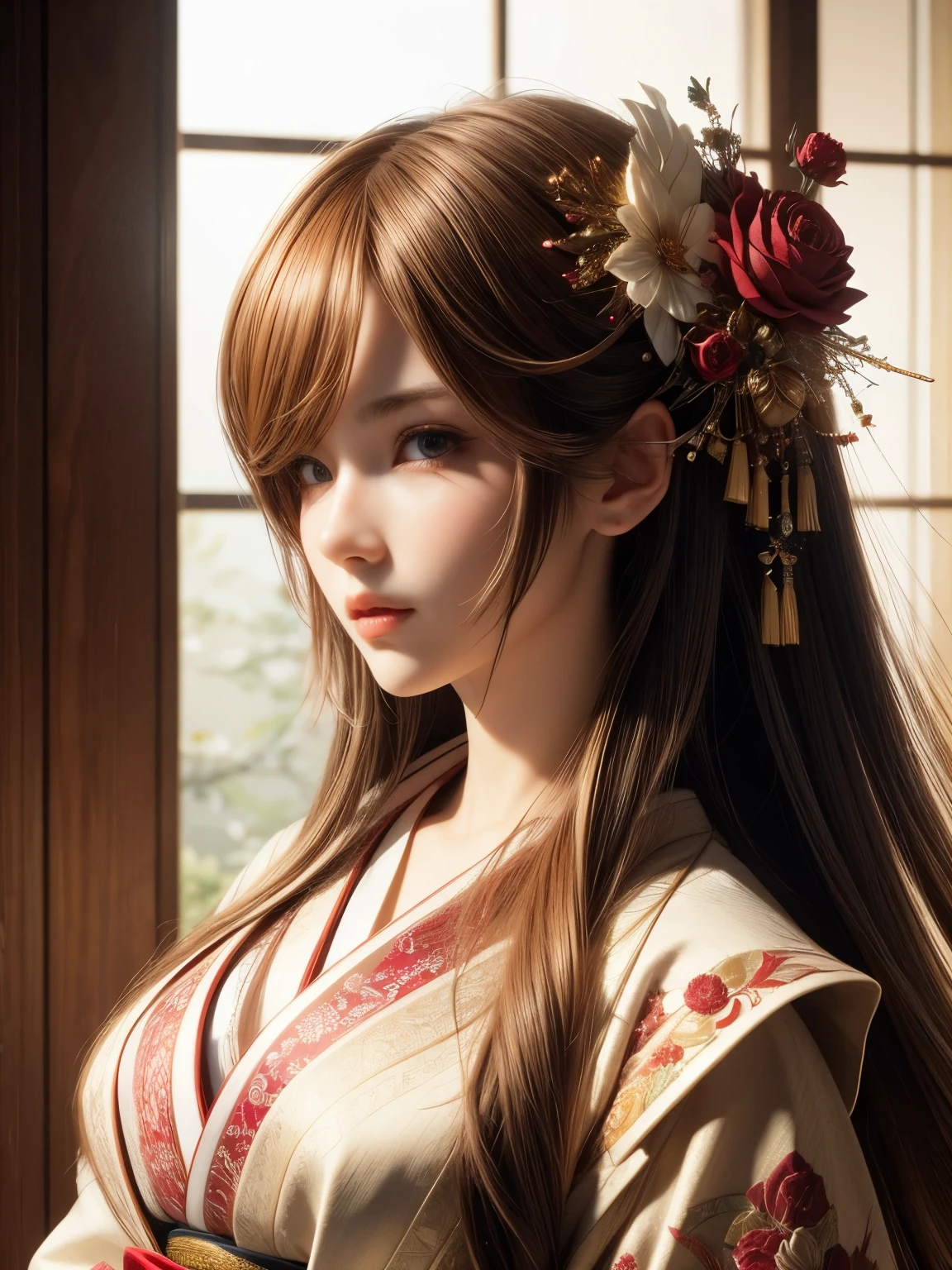 (high quality), (masterpiece), (detailed), 8K, Hyper-realistic portrait of (Japanese fantasy maiden1.3) showcases intricate (upper body1.2) adorned in (elaborate kimono1.2) with (vibrant obi1.2) and (delicate sleeves1.2). (Intricate hairpins1.2) hold up (long, flowing locks1.2) as (piercing brown eyes1.2) gaze directly at the viewer. Soft, (ethereal lighting1.2) illuminates the subject, accentuating (subtle, porcelain-like skin1.2) and ( delicate, rose-petal lips1.2). Trending on DeviantArt.