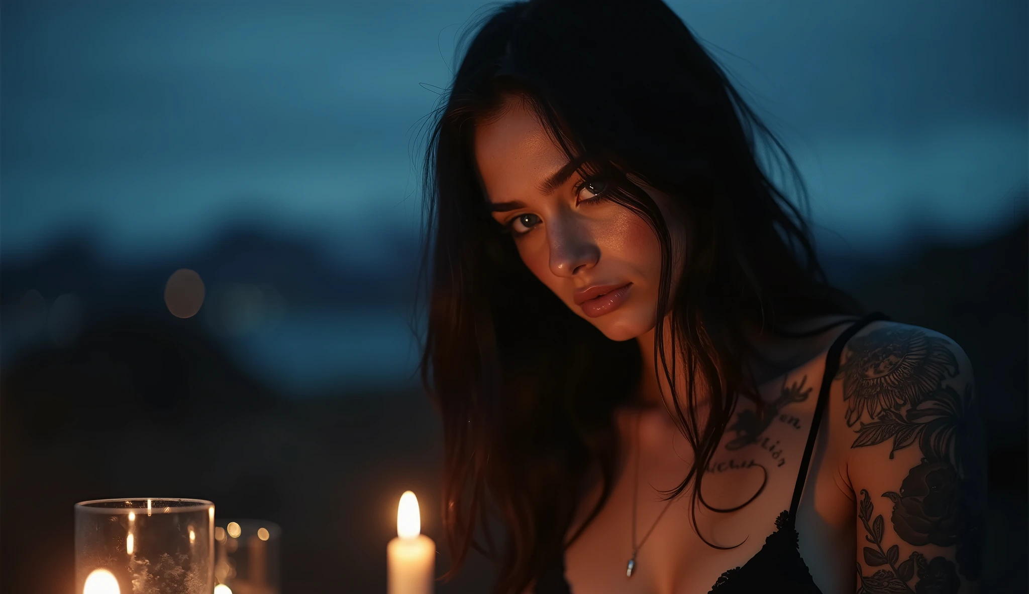 tatuados,Very beautiful big breasts、(Tears),(Back tattoo、Many tattoos on both arms and neck)、 (Midnight in Iceland - The Golden Circle),Candlelight only,Very detailed, 21 years old, A beautiful woman,Depressed face, Black Hair,Straight Hair, blue eyes, High resolution, masterpiece, Highest quality, Intricate details, Very detailed, Clear focus, Delicate skin, practical skin texture, texture, Delicate eyes, Professional, 8k, Sad face,despair、 Shot with Canon, 85mm, Shallow and deep, Kodak Vision Color, Exactly, Very detailed, photograph_\(Extremist\), photographpractical, practical, Post-processing, Maximum details, Roughness, Real Life, Extremist practical, Photorealism, photographgraphy, 8k ウルトラ HD, photographgraphy