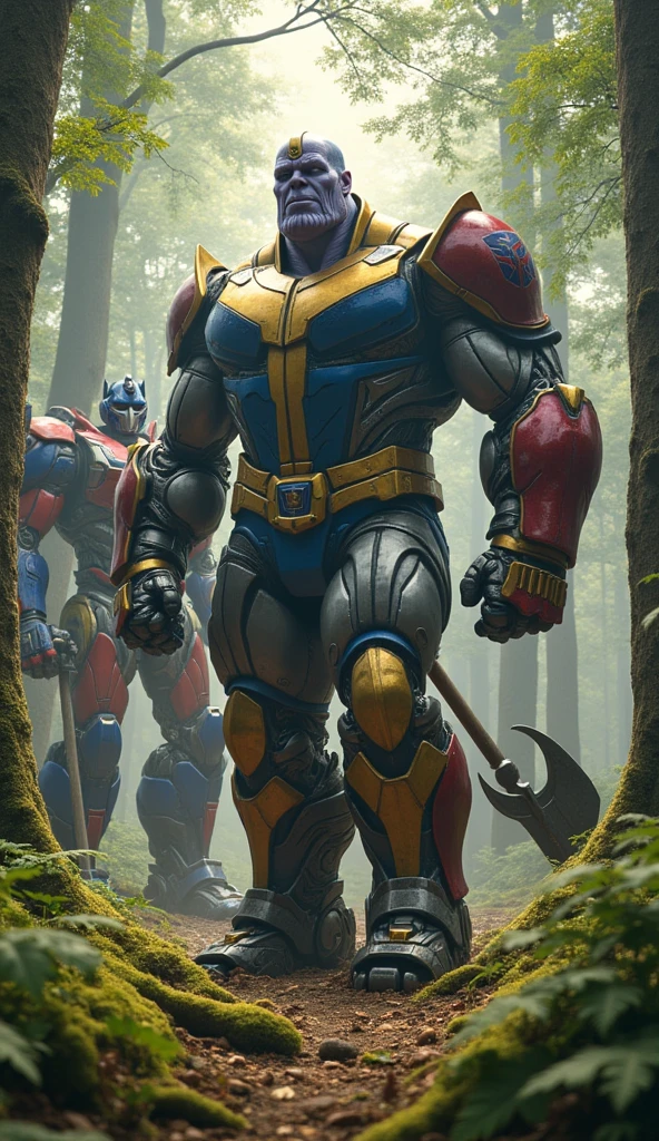 Thanos chopping wood in the forest with transformers