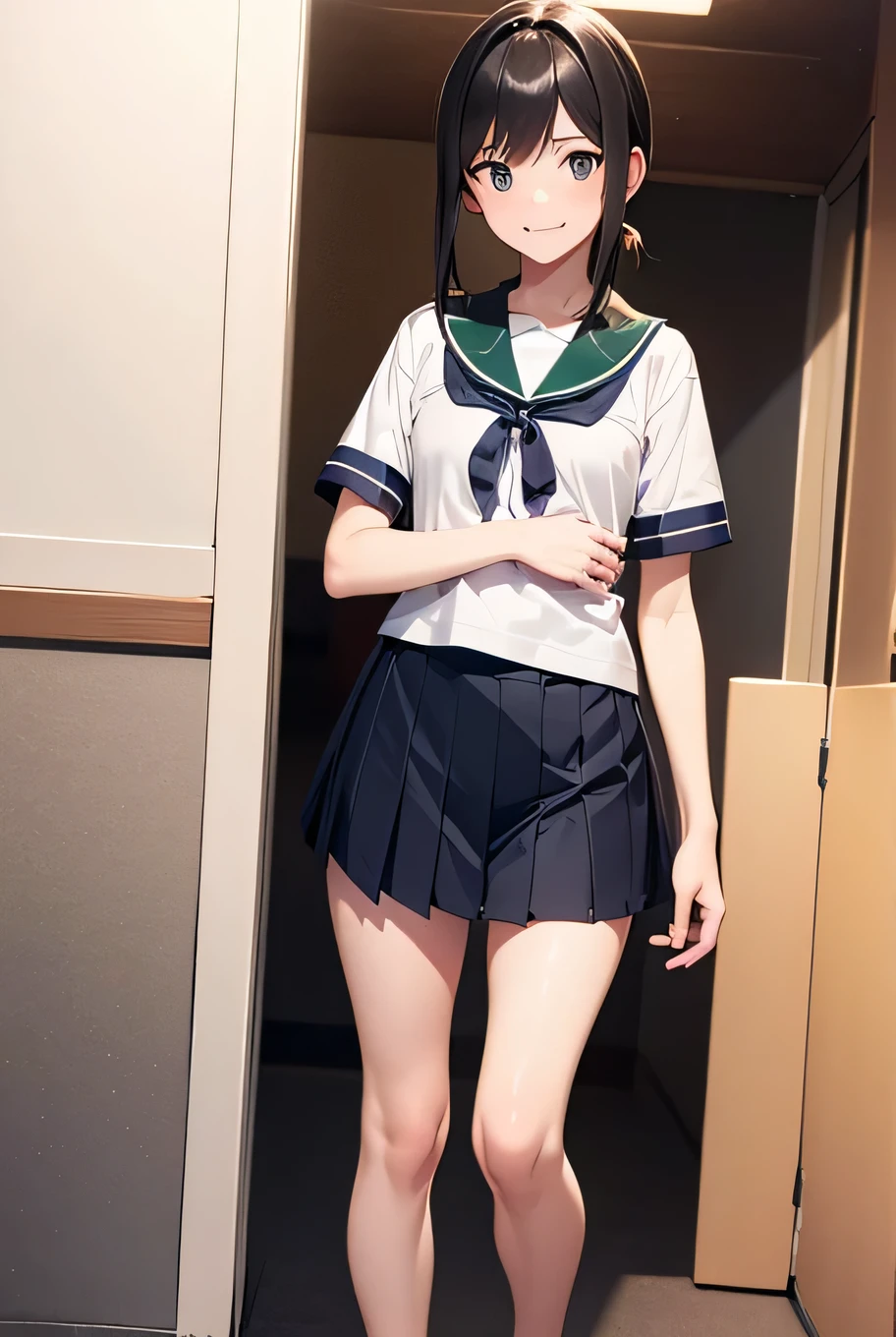 ((Top quality)), ((masterpiece)), (details),
High resolution, super detailed, very detailed CG Unity 8k wallpaper, real, photorealistic,
Beautiful fine face, detailed face.
Pale skin, realistic shining skin.
Detailed fabric texture, detailed hair texture.
(Eyes with attention to beautiful details: 1.5),
(Small hand), ((perfect hand)).
slim legs, detailed legs.
((Perfect Anatomy)).
Perfect lighting.
BREAK
艦これ, Kantai Collection Arcade,
Kantai Collection Style,
Special destroyer Fubuki,
BREAK
A girl,:16,Black hair:1.3), Short Hair, ((lower ponytail)),
((Half smile:1.6)),
(Slender: 1.1), (small chest: 1.2),
(Small butt: 1.2), (muscular: 1.3)
(Fluffy thighs: 1.1),
(Sailor suit),
(Pleated skirt, navy collar),
white panties, short socks,
BREAK ((full body)),
At on the sea, wave droplets,