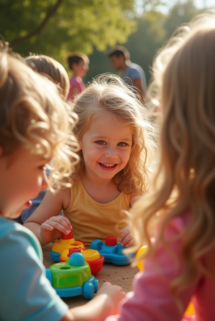 , blonde, photographed in a playpen. The girl is playing with other children. The photo is taken from a distance and from above. The girl does not know she is being photographed.