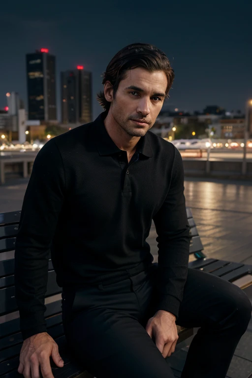 generate an image of a man in his mid 30s (whole body) sitting in a bench watching the city at night, he is wearing a black polo and a black pants (textured skin) (realistic photo) (ultrarealistic photo)