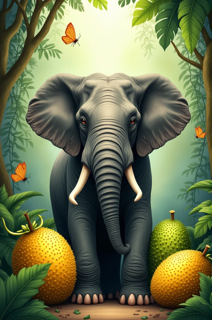 Elefant sitting on two jackfruit 
