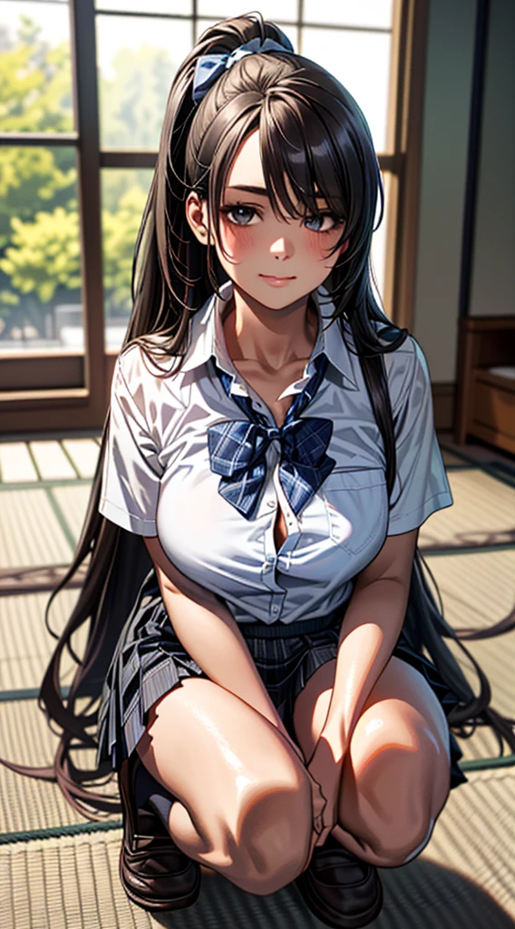 ,Ultra high definition, High detail, Textured skin, Retina, High resolution,
(masterpiece:1.2, top-quality), (realistic, photorealistic:1.4), beautiful illustration,
looking at viewer, full body, front view:0.6,
1 girl, japanese, high school girl, (long hair:1.5), blown hair, (side ponytail), hair over one eye, large breasts:0.8,
beautiful hair, beautiful face, beautiful detailed eyes, beautiful clavicle, beautiful body, beautiful chest, beautiful thigh, beautiful legs, beautiful fingers,
(beautiful scenery), school,
((collared short sleeve shirt, white shirt, , grey plaid pleated skirt, blue plaid bow tie)), white panties,
(squatting, , lift up skirt, grab the hem of the skirt, hands on chest, hand between leglush,