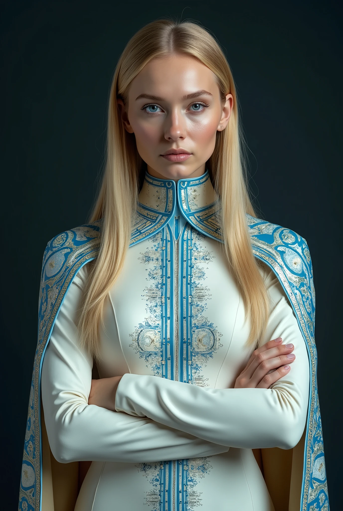 official portrait, a queen arms folded. The tension is intense, the queen is a woman 30 years old, very long straight hair, very blond hair, slim, blue eyes, wearing a cream and blue color futurist long royal dress with a printed circuit board cape, intense gazing eyes, as a conceptual AI, ultra-resolution, intricately detailed, low angle, 8k by Helmut Newton