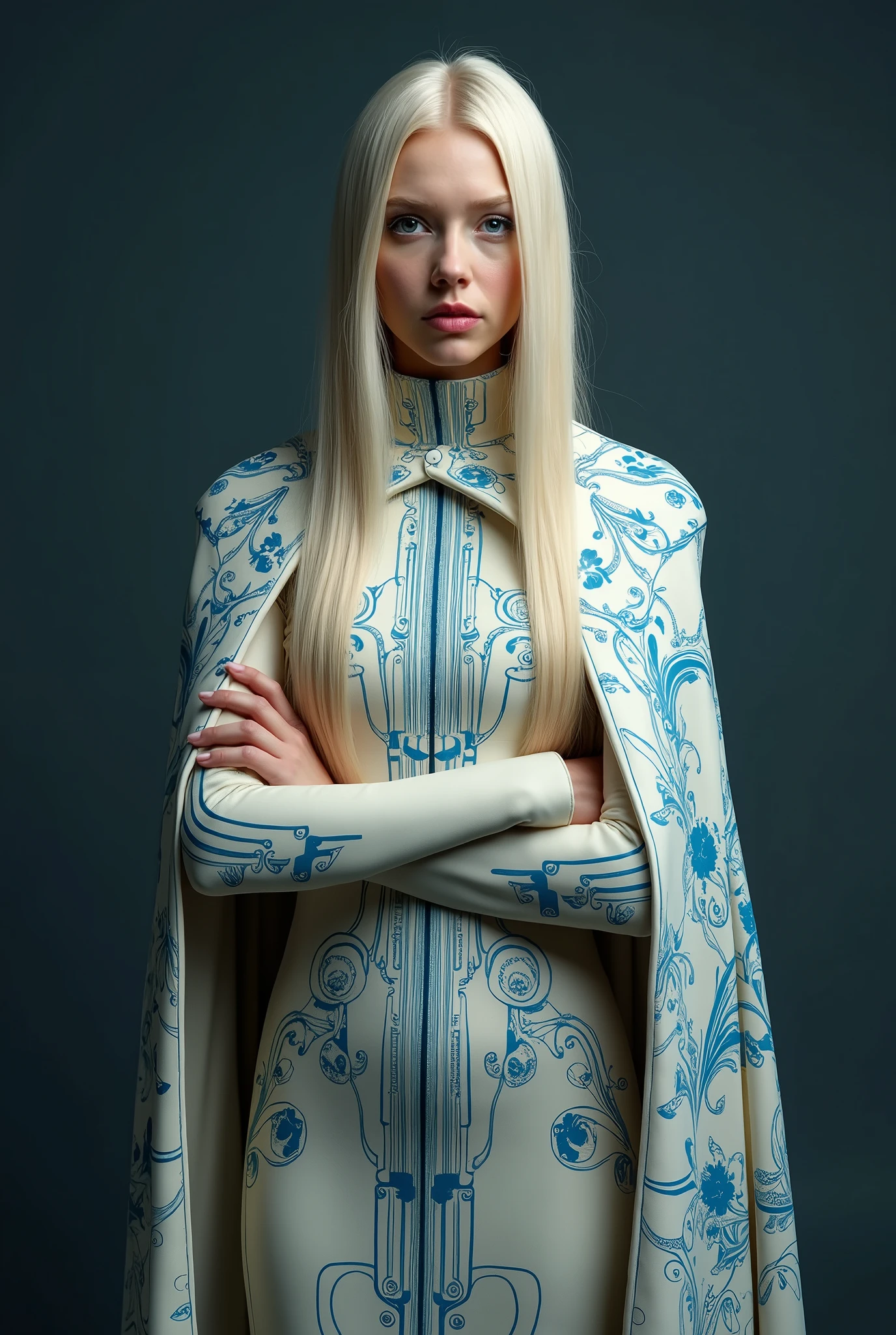 official portrait, a queen arms folded. The tension is intense, the queen is a woman 30 years old, very long straight hair, very blond hair, slim, blue eyes, wearing a cream and blue color futurist long royal dress with a printed circuit board cape, intense gazing eyes, as a conceptual AI, ultra-resolution, intricately detailed, low angle, 8k by Helmut Newton