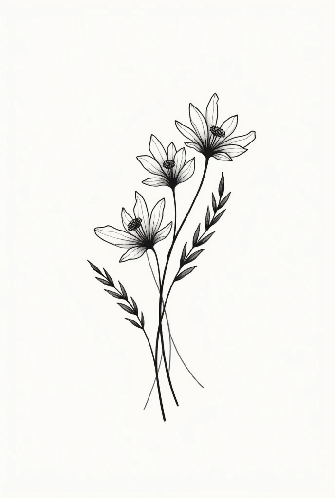 A minimalist tattoo of a bouquet of flowers combining the birth flowers of March, May, August and October in black and white (illustration)