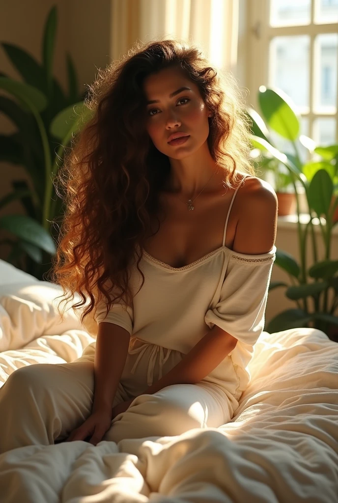 (photorealism:1.2), beautiful woman, sitting on bed, wearing loose off-shoulder top, pajama pants, long curly hair, indoors, soft lighting, plants in background, window with sunlight, cozy room, relaxed pose, realistic, intricate details, warm colors, by Greg Rutkowski, by Alphonse Mucha