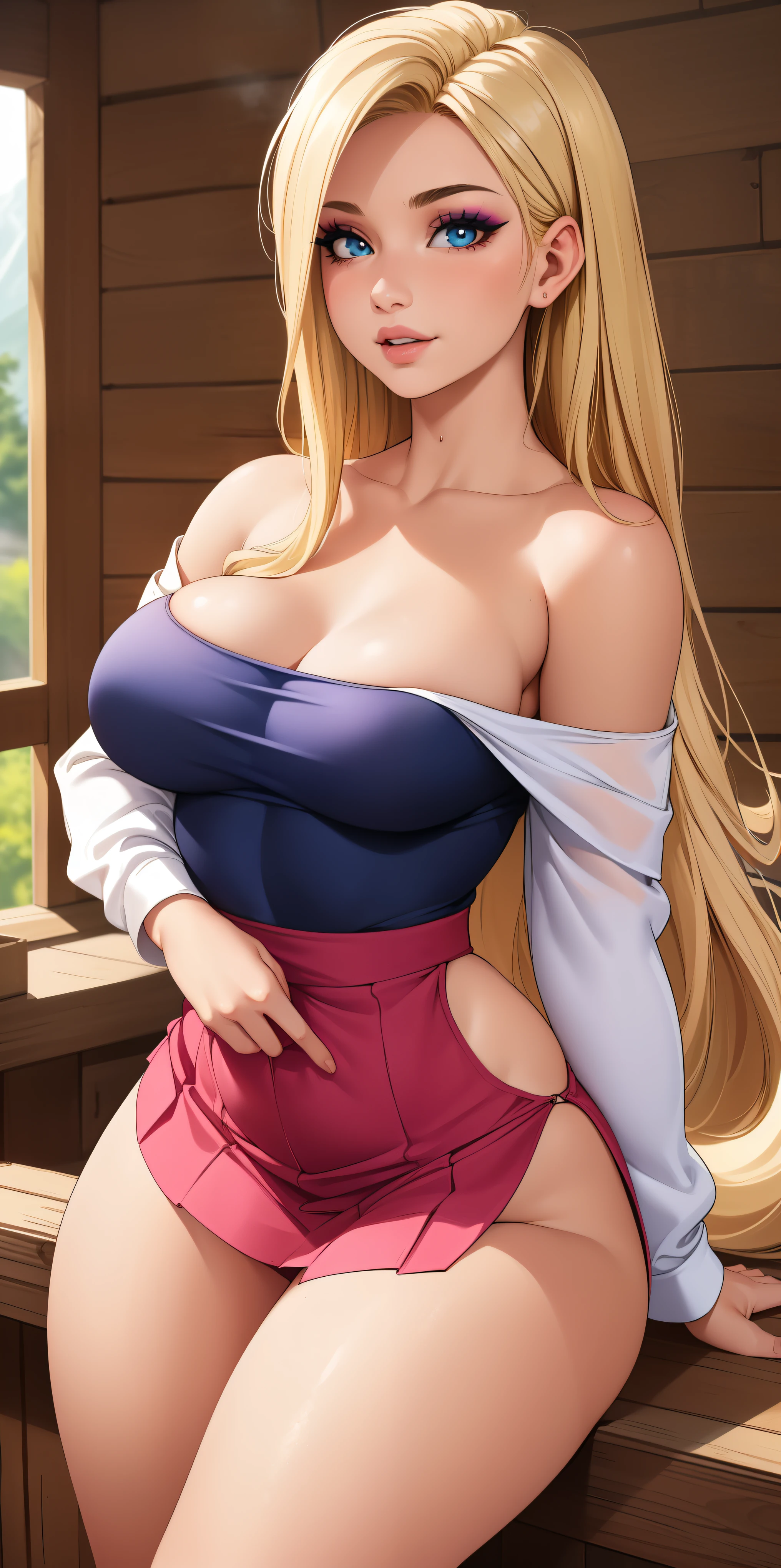 work of art), (portraite), medium breasts (aesthetics), ((Beautiful 28 year old wolf girl)), ((long straight hair parted)), ((beautiful punk and natural blonde hair)), Thin, open eyes, eyes browns, round breasts, Female One, Woman, Female One features, high qualiy, roupas aestheticss, professional angle, (rule of thirds), Female One features, standing alone, (attractive Korean Woman), summer, (ink mist), (Afternoon), (vibrant light), seducer posture, ((guy looking forward)), Pink off-the-shoulder blouse, long sleeves, long hip hop top, beautiful and stylish skirt ((energy)), (bold makeup), (medium boobs), shining skin, (Clothing with Hip Hop details), (pretty clothing), (gorgeous neckline), Body cute, gorgeous eyes, glare eyes, seducer smile, Beautiful mouth, beautiful lips, (best qualityer, ultra detaild, photorrealistic: 1.39 ), bright and vibrant colors, studio lighting, romantic expression, seducer, seducer, in the wooden cabin, Waterfall in the distance, cute girl pose