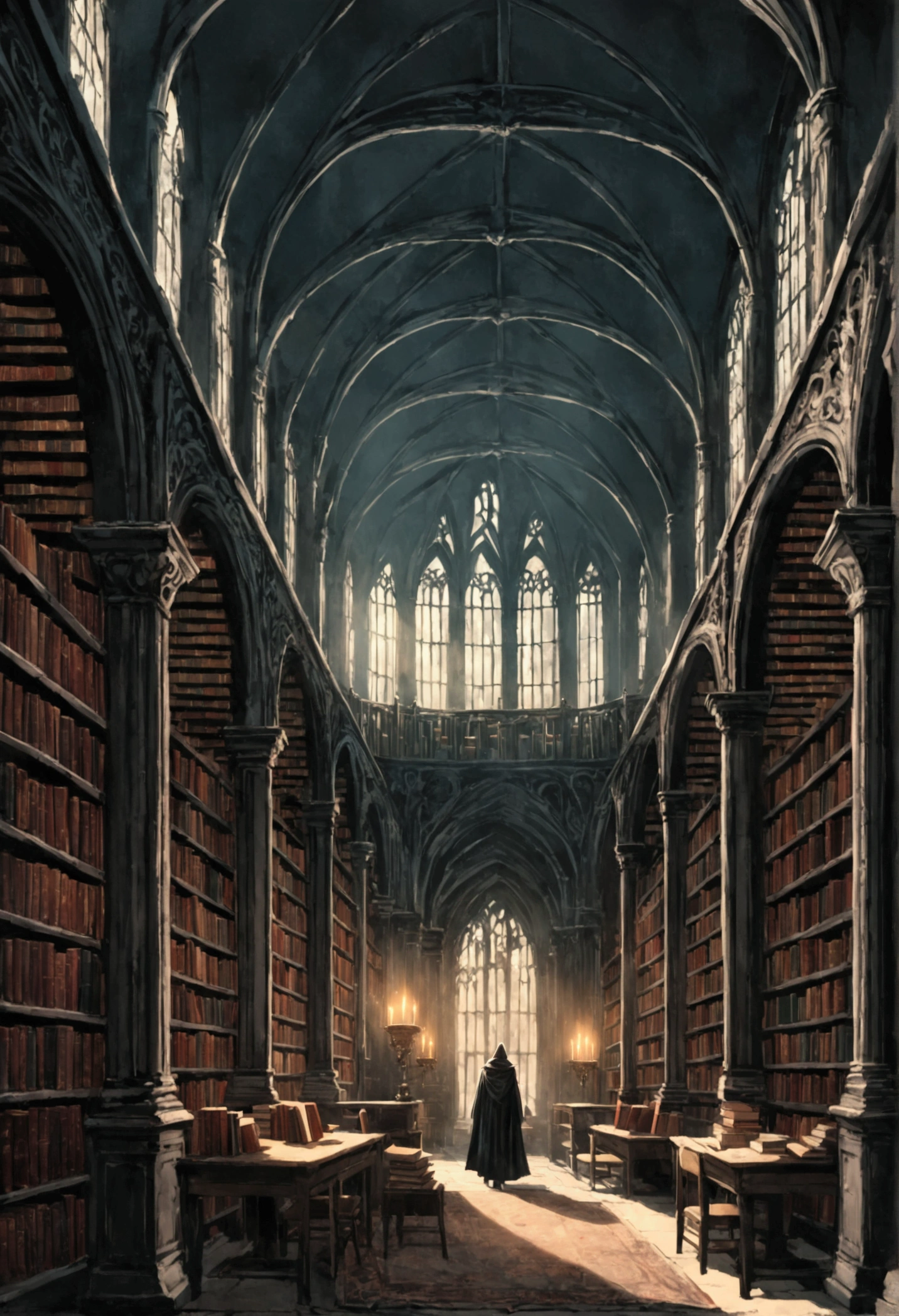 Dark souls floating in a haunted library, with many books, gothic image, spirits floating flaying
