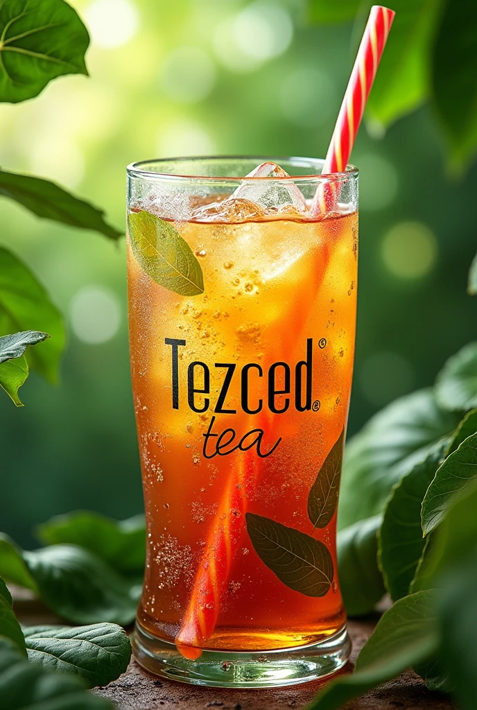 Label for  of ambarella leaves iced powder with the brand name tezced tea with a glass of ambarella leaves iced tea with strae and background with ambarella leaves 