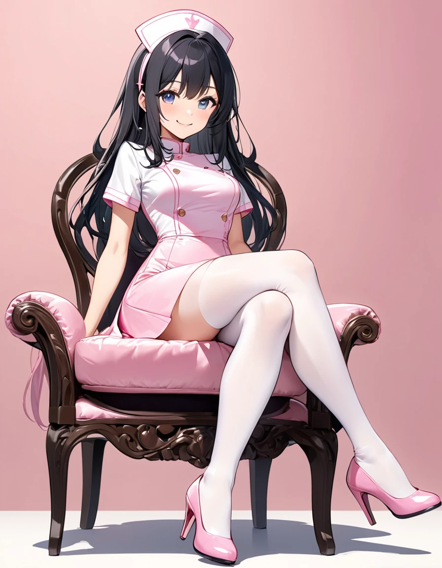 Woman, cute, adorable, smiling, straight hair, long hair, black hair, (sitting on chair:1.8),
(crossed legs:1.3),
BREAK (light-pink theme:1.4), (light-pink nurse cap on head:1.4), (elegant and glossy pink satin fabric luster:1.3), ((fit and flare, A-line):1.3), (fusion of very short sleeve light-pink satin one-piece dress and A-line ultra miniskirt:1.4), ((high neck, side open stand collar):1.3), ((closed-fitting, emphasizes body line):1.3), white overknee socks, white thigh-high tights, (pumps:1.2),